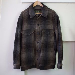 Men's Eddie Bauer Plaid Gray and Navy Blue Wool Jacket/Over coat Large